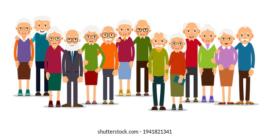 Group Older People In Pairs. Seniors People Stand In A Row. Elderly Man And Woman Stand Together And Hug Each Other. Illustration Isolated On White Background In Flat Style. Vector.
