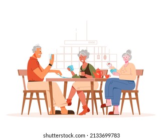 A Group Of Older People Are Playing Cards At A Table In The Kitchen. Friends Or Family Have Fun Together. Vector Illustration In A Flat Style.