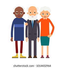 Group older people. Three aged people black and white. Elderly men and women stand together and hug each other. Illustration in flat style. Isolated.
