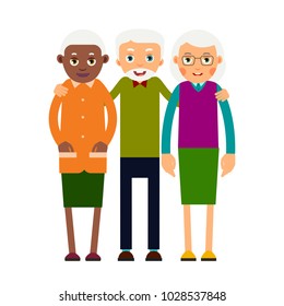 Group older people. Three aged people black and white. Elderly men and women stand together and hug each other. Illustration in flat style. Isolated.