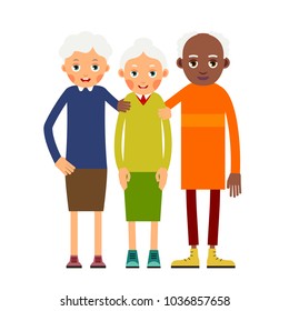Group older people. Three aged people black and white. Elderly men and women stand together and hug each other. Illustration in flat style. Isolated.

