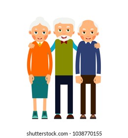 Group older people. Three aged people stand. Elderly men and women stand together and hug each other. Illustration isolated on white background in flat style.