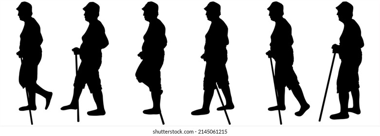 A Group Of Older People With Walking Sticks In Their Hands. The Tourist Walks, Step By Step. A Man In A Cap, Shorts, With A Cane In His Hand. Six Black Female Silhouettes Are Isolated On A White.