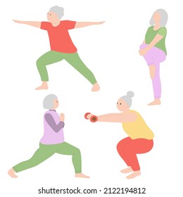 A Group Of Older Women Practice Yoga Classes. The Women Are Doing Stretching. Vector Illustration On White Background. Hand Drawing. For Print, Web Design.