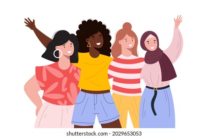 Group on young multicultural women hugging each other. Multiethnic smiling women of different religions standing together. Unity in diversity. Flat style vector illustration. Friendship concept.

