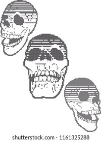 Group of one color skulls in different perspectives in a dot pattern/ halftone/ 8 bit pixel style.