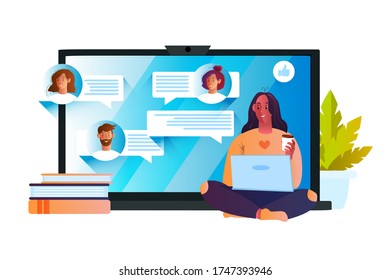 Group online chat concept with young cute woman, laptop, computer screen and users’ avatars. Internet communication illustration in flat style isolated on white with messages, freelancer.