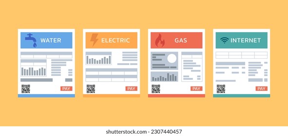 group of online payment utility bills, flat vector illustration