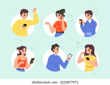 Group online talking, video wireless meeting. Company interview, friends virtual chatting or call. Teens students digital connection, snugly vector characters