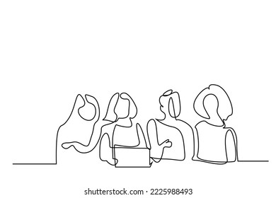 group of only women working laptop computer tablet having meeting talking