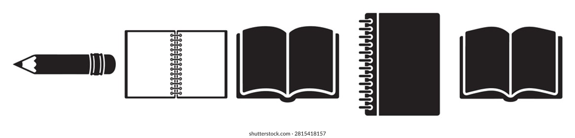 group of open books, notebook, spiral notebook, and pen in black and white for learning and reading concept