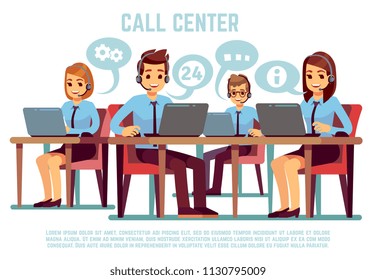 Group of operators with headset supporting people in call center office. Business support and telemarketing vector concept. Illustration of online consultant communication, feedback, helping hotline