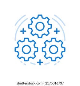 Group optimization process vector line icon. Three gears as integrity of mechanism. Improving performance and development of employees. Promoting advertising investments and commercial solutions.
