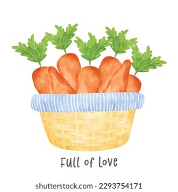 group of orange carrots vegetables watercolour in wooden vintage wicker basket vector hand painted illustration isolated on white background.