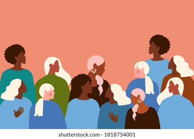 Group of ordinary people standing on brown background, large diverse ethnic crowd. vector illustration