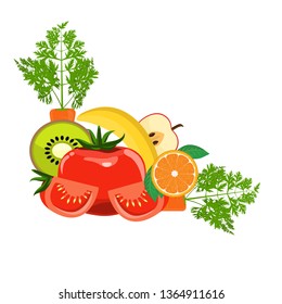 Group of Organic Fresh Vegetables and Fruits for Healthy Food concept. Corner border for your design. Vector illustration.
