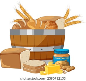 A group of organic wheat products including bread, bakery items, and peanut butter