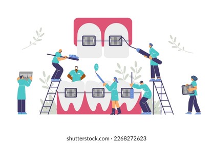 Group of orthodontists installing braces and cleaning teeth, abstract flat vector illustration isolated on white. Dentists taking care of braces. Concept of dental care and teeth straightening.