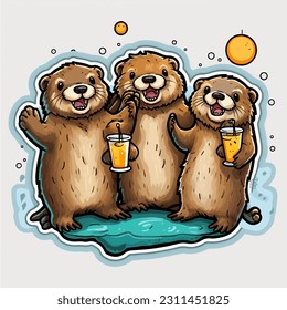 A group of otters having a party