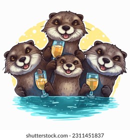 A group of otters having a party