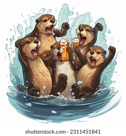 A group of otters having a party