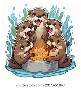 A group of otters having a party