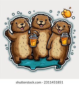 A group of otters having a party