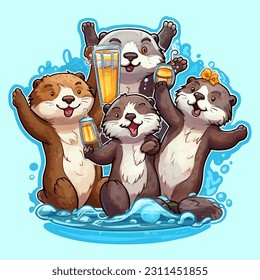 A group of otters having a party