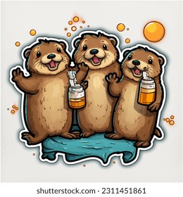 A group of otters having a party