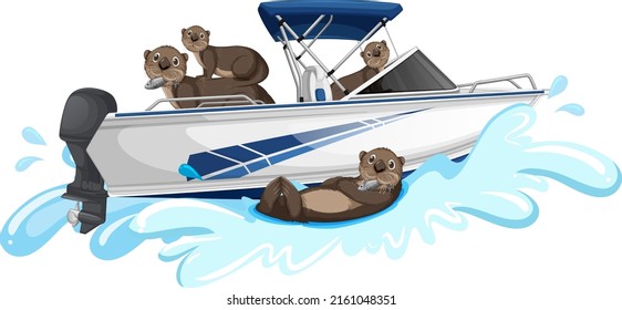 Group Of Otters On Speedboat Illustration