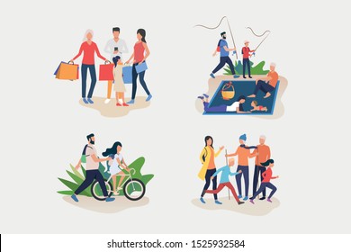 Group outdoor activity illustration set. People doing shopping, riding bikes, fishing, hiking. Activity concept. Vector illustration for posters, banners, flyers