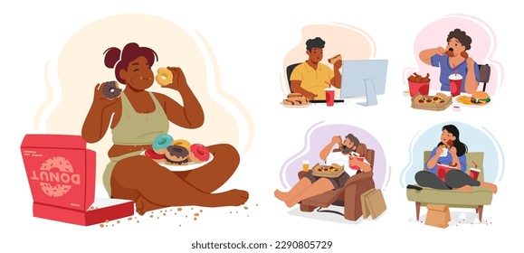 Group Of Overweight Characters With Obsessive Eating Habits Can not Struggle To Control Their Impulses. People Overeating Habits Leading To Various Health Issues. Cartoon People Vector Illustration