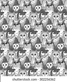 Group owl gray scale seamless pattern. Seamless pattern with birds. Gray scale vector illustration. EPS8.