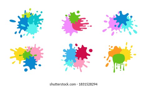 Group paint splash shape colorful set. Round ink flat splatter, decorative shapes liquids. Grunge splashes, drops, spatters cartoon style. Stain colored collection. Holi spring festival vector