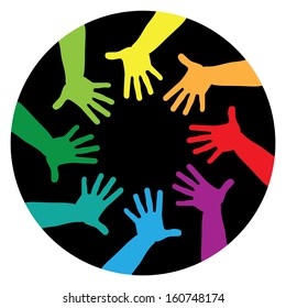 Group of painted hands, different colors.