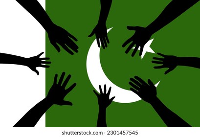 Group of Pakistan people gathering hands vector silhouette, unity or support idea, hand gathering silhouette on Pakistan flag, teamwork and togetherness concept, union of society