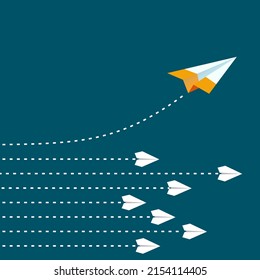 Group of paper airplanes flying. Paper plant in one direction and one orange paper plant pointing in different way on background Unique out standing.Vector concept inspiration and think different.