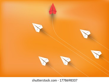 Group of paper airplanes flying.Paper plant in one direction and one red paper plant pointing in different way on background.Unique,out standing.Vector concept inspiration and think different concept.