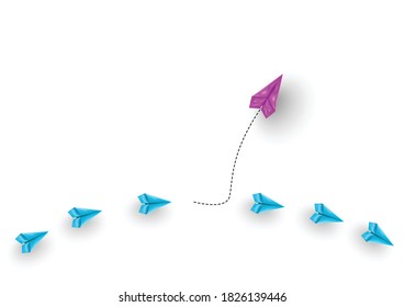 Group of paper airplanes flying.Paper plant in one direction and one paper plant pointing in different way on background.Unique,out standing.Vector concept inspiration and think different concept.