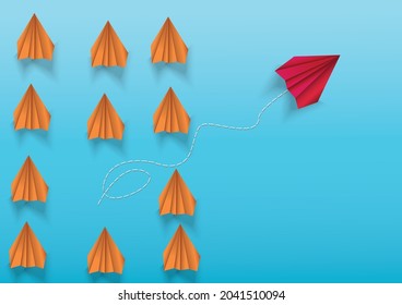 Group of paper airplanes flying.Paper plant in one direction and one red paper plant pointing in different way on background.Unique,out standing.Vector concept inspiration and think different concept.