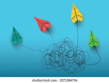 Group of paper airplanes flying.Paper plant in one direction and paper plant pointing in different way on background.Unique,out standing.Vector concept inspiration and think different concept.