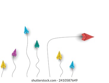 Group of paper airplanes flying.Paper plant in one direction and paper plant pointing in different way on background.Unique,out standing.Vector concept inspiration and think different concept.