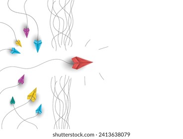 Group of paper airplanes flying.Paper plant in one direction and paper plant pointing in different way on background.Unique,out standing.Vector concept inspiration and think different concept.
