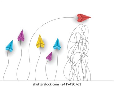 Group of paper airplanes flying.Paper plant in one direction and paper plant pointing in different way on background.Unique,out standing.Vector concept inspiration and think different concept.