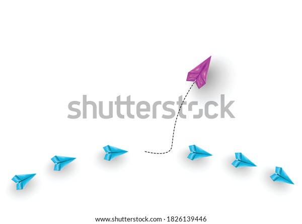 Group of paper airplanes flying.Paper plant in\
one direction and one paper plant pointing in different way on\
background.Unique,out standing.Vector concept inspiration and think\
different concept.