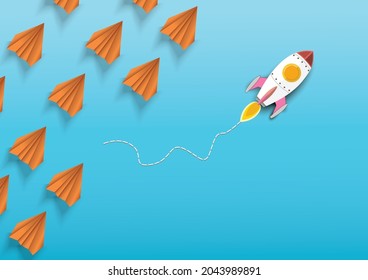 Group of paper airplanes flying.rocket in one direction and one red paper plant pointing in different way on background.Unique,out standing.Vector concept inspiration and think different concept.