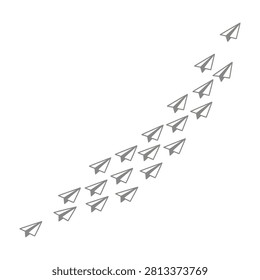 A group of paper airplanes soaring upwards in a diagonal formation on a plain white background