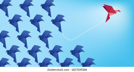 Group of paper bird flying.Paper bird in one direction and one paper bird pointing in different way on background.Unique,out standing.Vector concept inspiration and think different concept.
