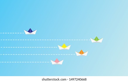 Group of paper boat in one direction on the different distance. Business concept for new ideas creativity and innovative solution.