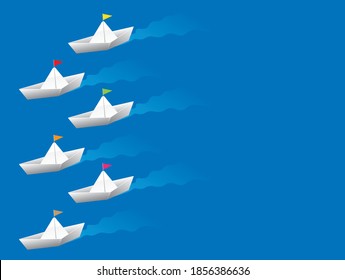 Group of paper boats with flags of different colors sailing on the water in the same direction. Vector layout with space to include text.